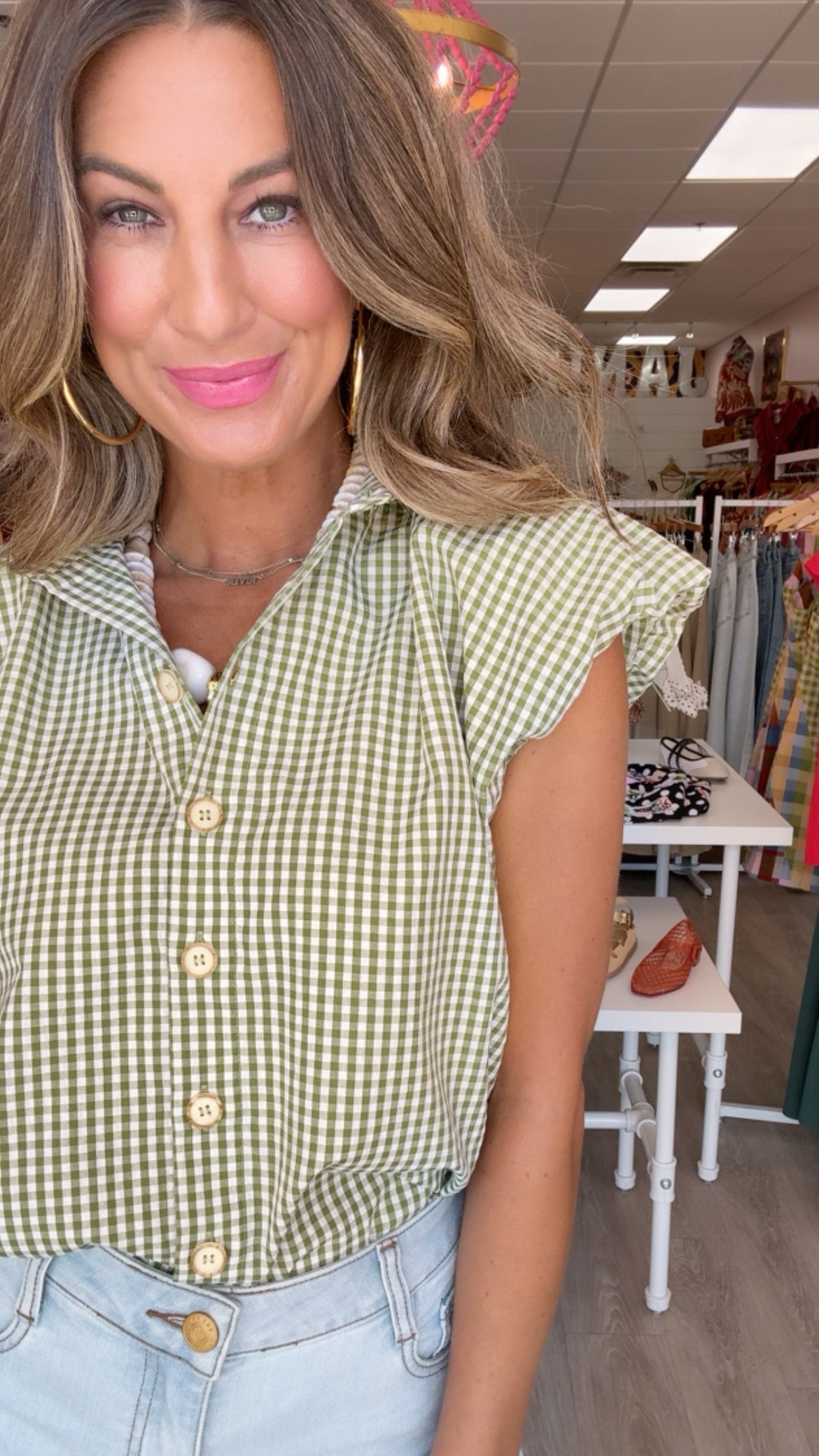 Karlie | Citrine Check Bubble Sleeve Button Top (1 LARGE)