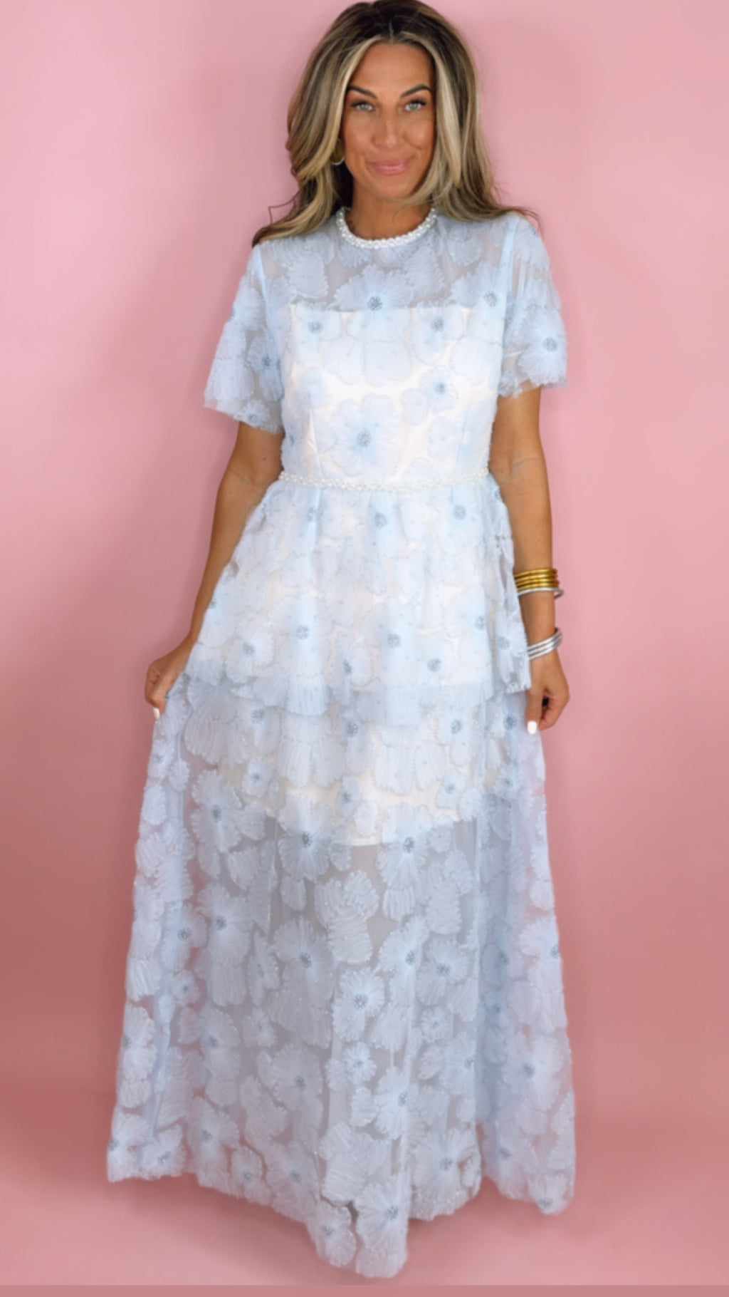 Blue Floral Pearl Collar Maxi