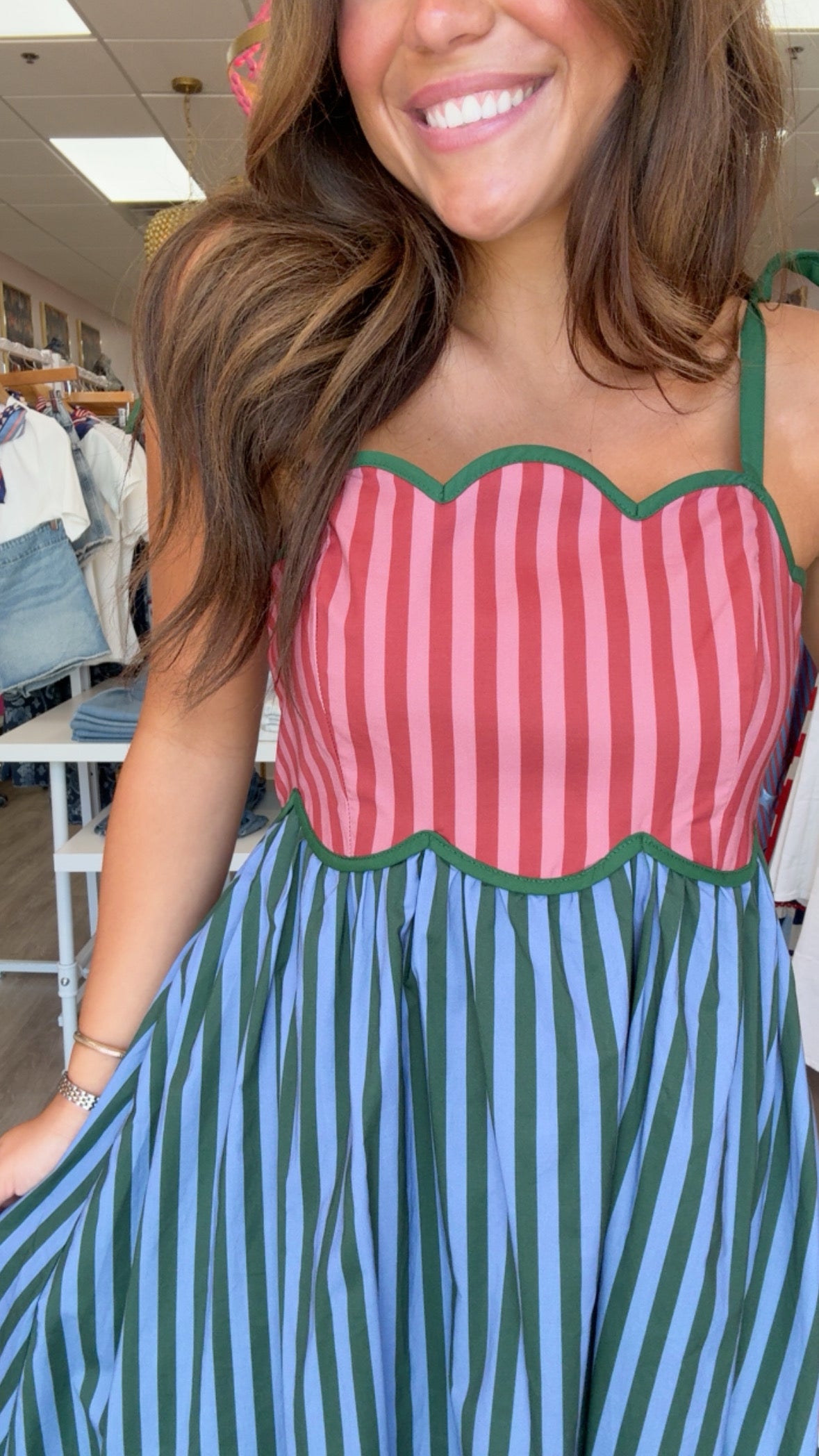 Hunter Green & Blue Scallop Stripe Midi Dress