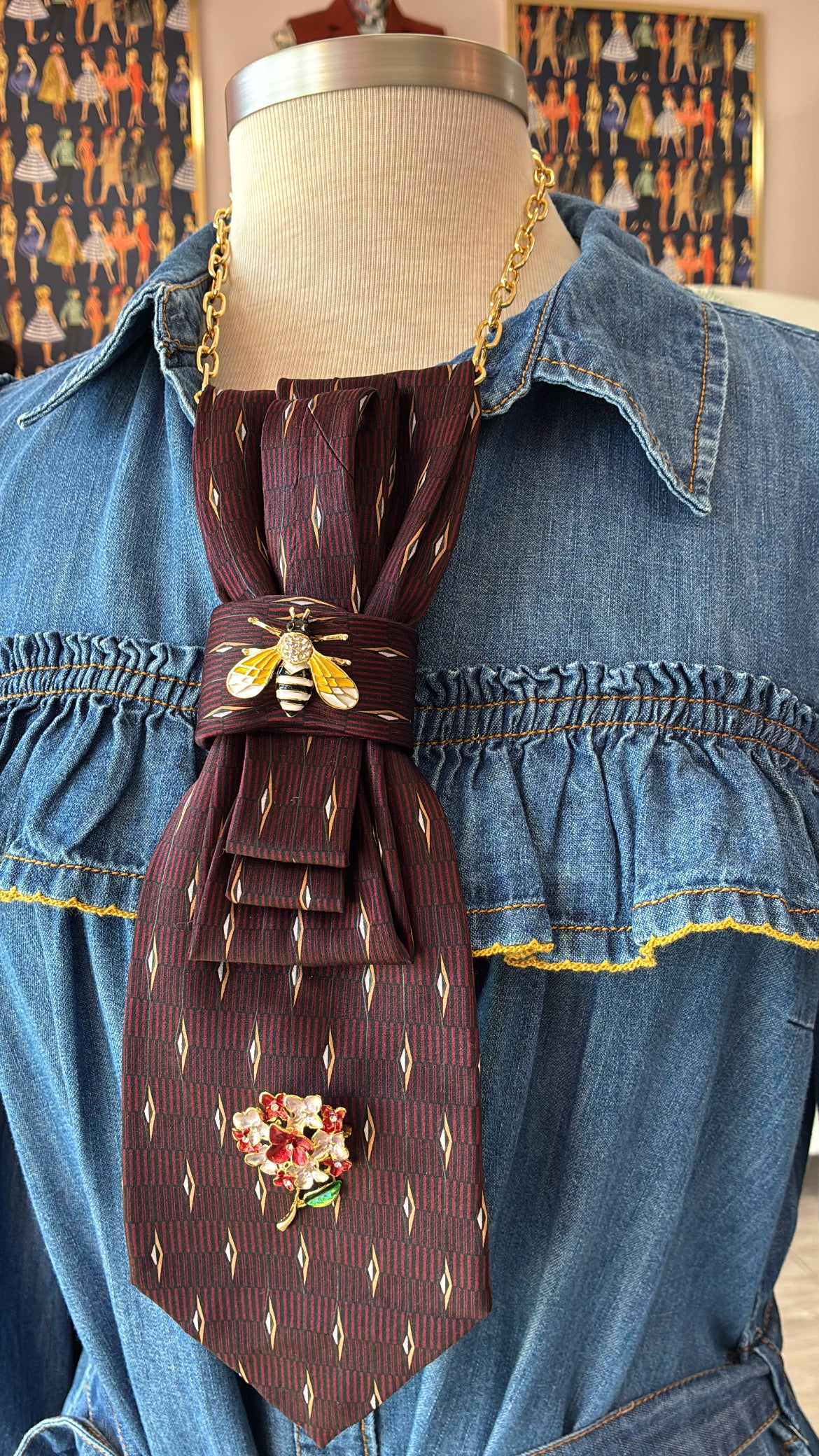 Tie Necklace | Dark Maroon Tie + Bee Brooch