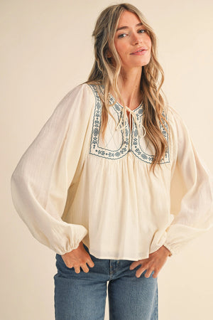 Ivory Embroidered Trim Balloon Sleeve Blouse (1 MEDIUM)
