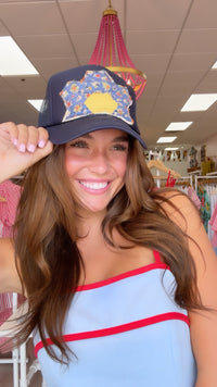 Blue Floral Navy Quilted Trucker Hat