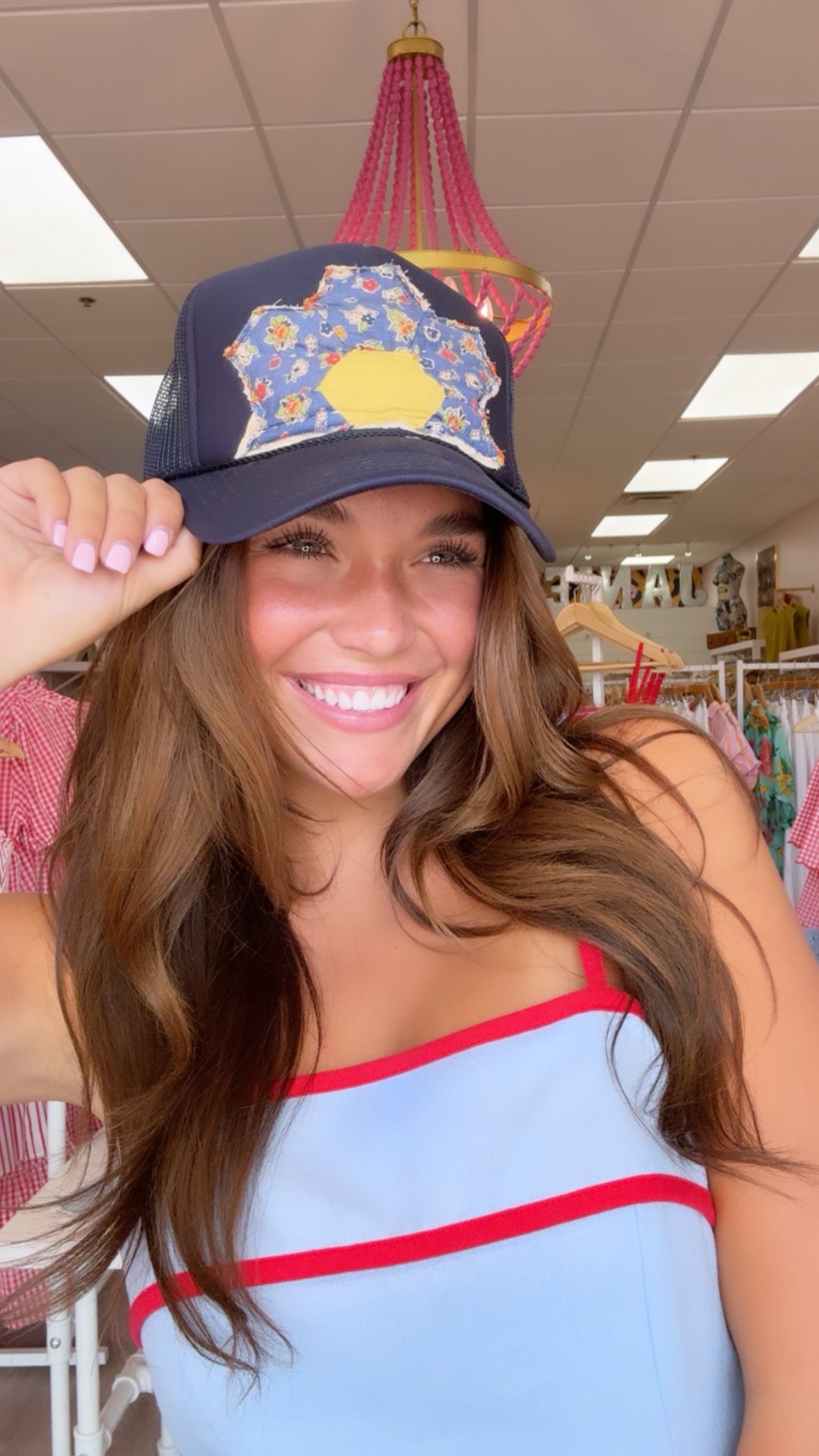 Blue Floral Navy Quilted Trucker Hat