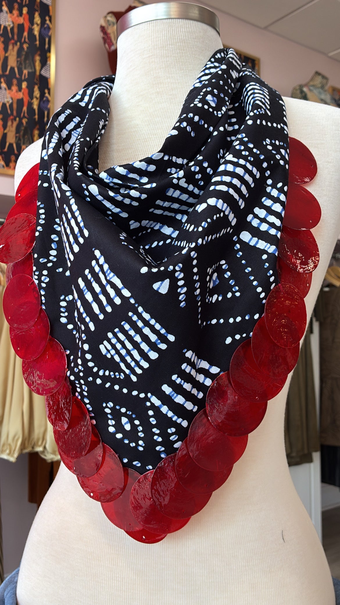 Navy Neck Scarf w/ Red Circle Beads