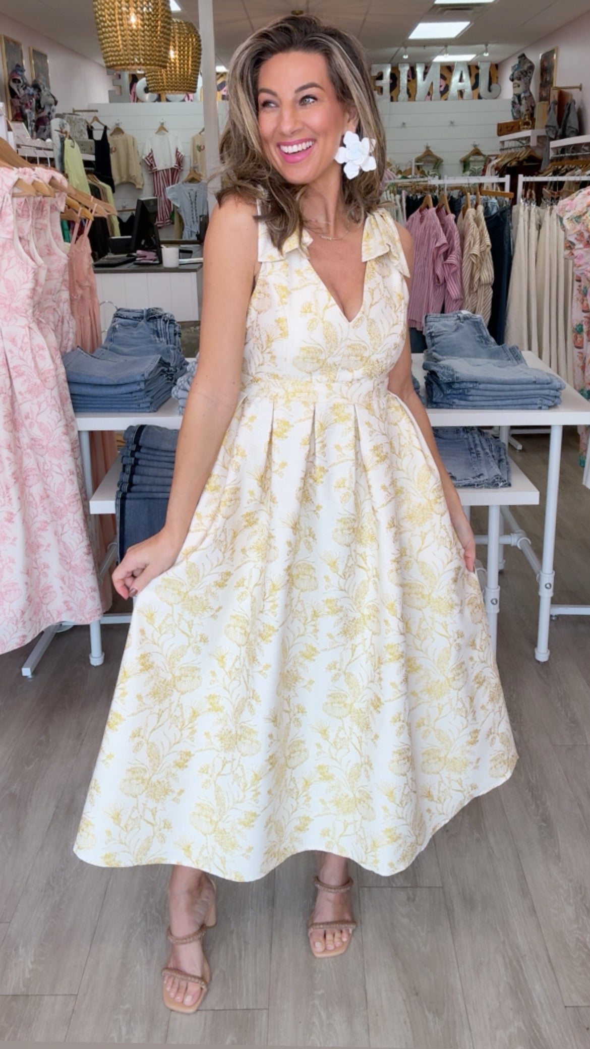 Gold Metallic Flower Bow Shoulder Midi Dress (MEDIUM)