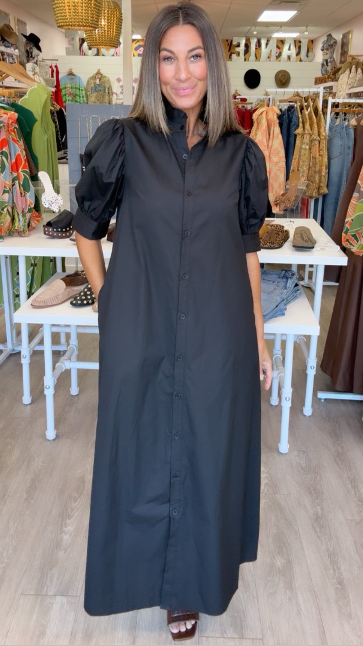 Karlie | Black Ruffle Neck Maxi Shirt Dress