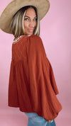 Brick Embroidered Trim Balloon Sleeve Blouse
