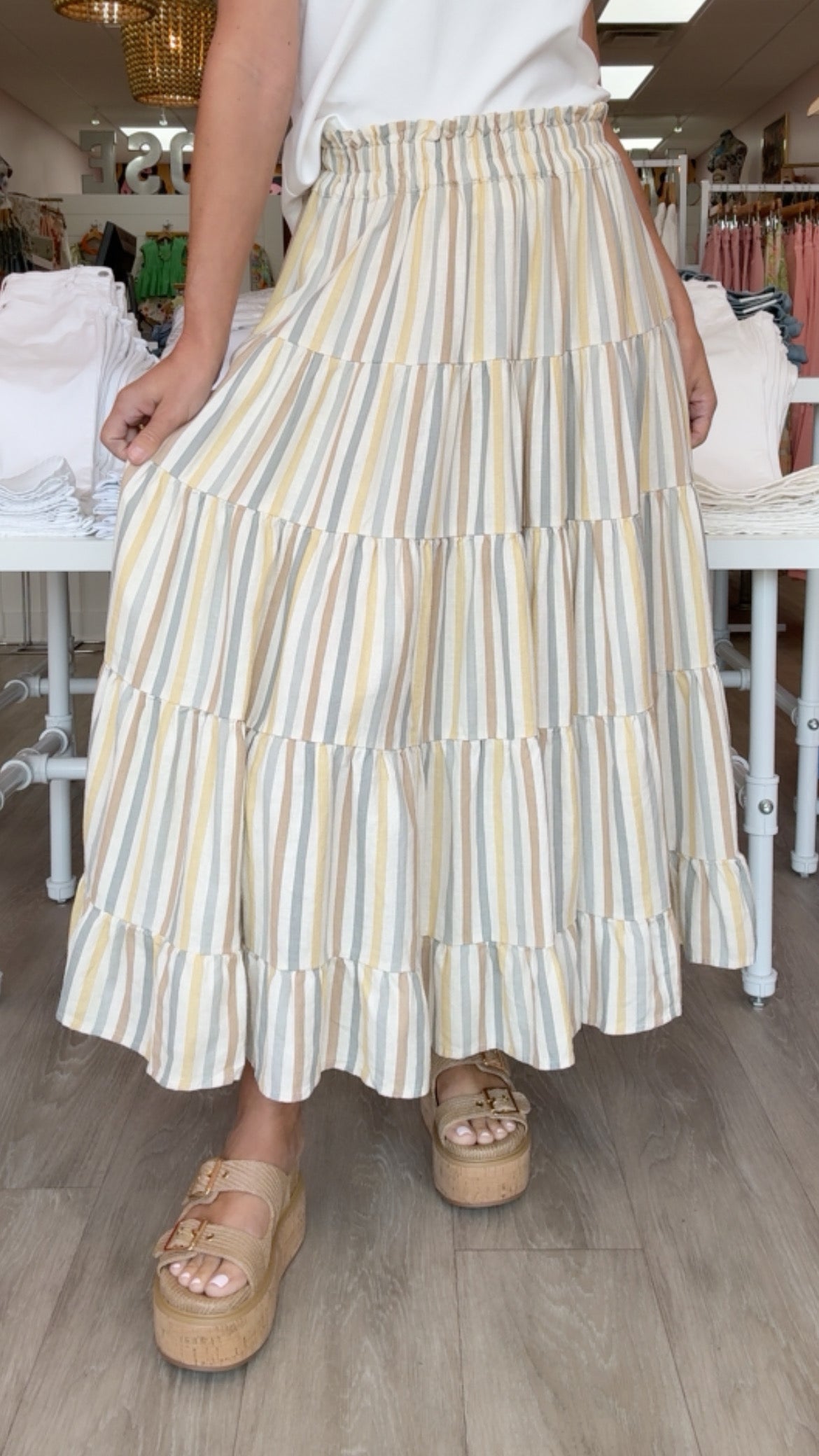 Rylee + Cru | Ruffle Tiered Maxi Skirt in Valencia Stripe