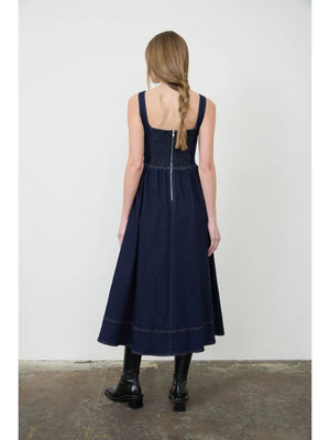 Moon River Denim Lace Up Front Sleeveless Midi Dress