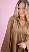 FRNCH: Amsonia Tie Neck Brown Suede Dress
