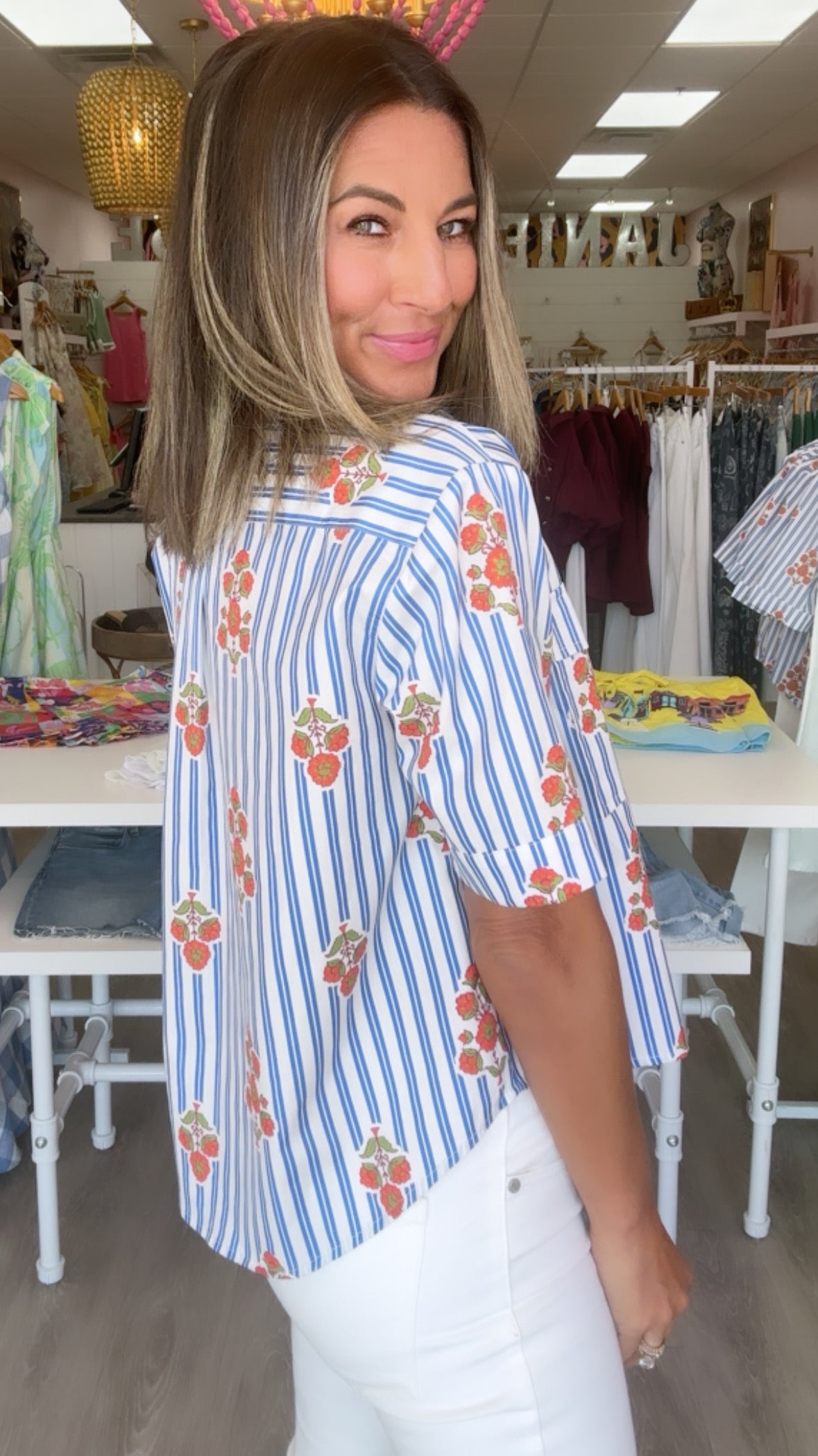 Karlie | Blue Stripe Floral Pocket Camp Top