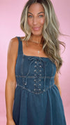Moon River Denim Lace Up Front Sleeveless Midi Dress