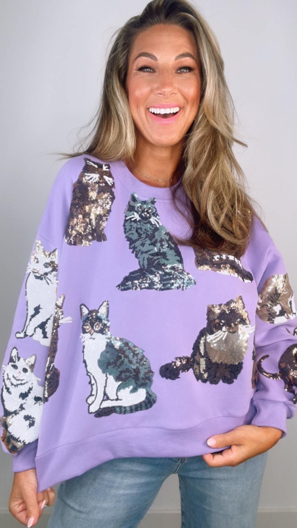 Queen of Sparkles Purple Scattered Cats Sweatshirt (MEDIUM)