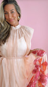 Floral Print Pleated Puff Chiffon Midi Dress