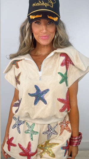 Queen of Sparkles Beige Terry Cloth Starfish Zip Collar Top (MEDIUM)