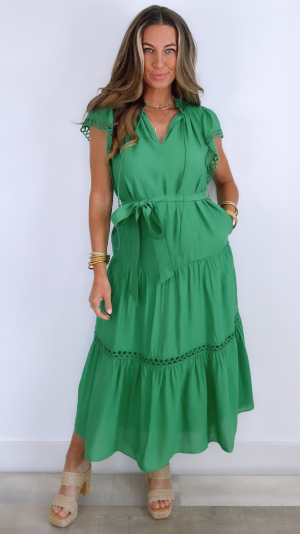 Current Air Spring Green Split Neck Tiered Midi Dress w/ Embroidered Detail
