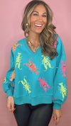 Queen of Sparkles Teal V-Neck Crawfish Sweatshirt