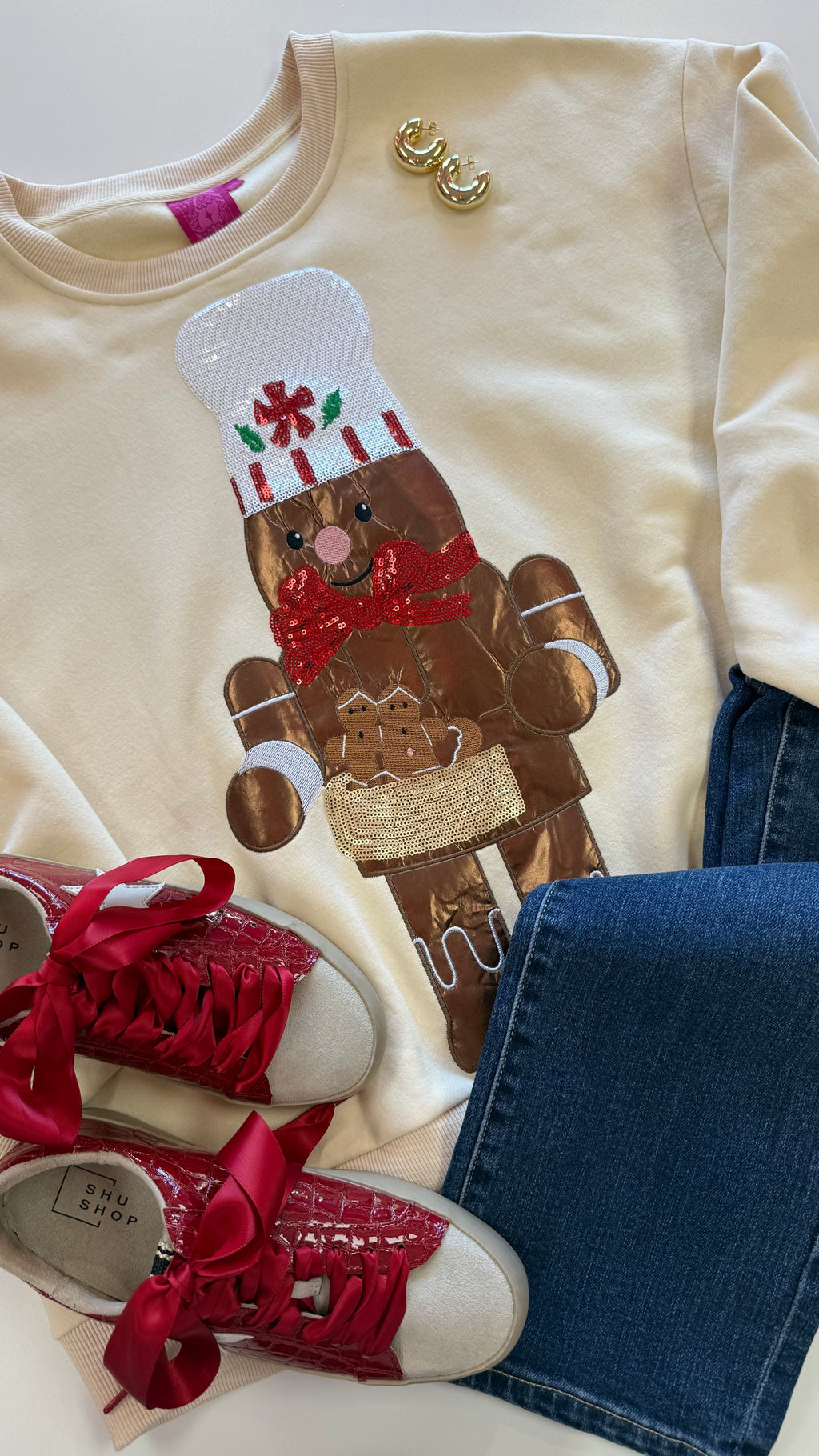 Queen of Sparkles Beige Metallic Gingerbread Man Sweatshirt
