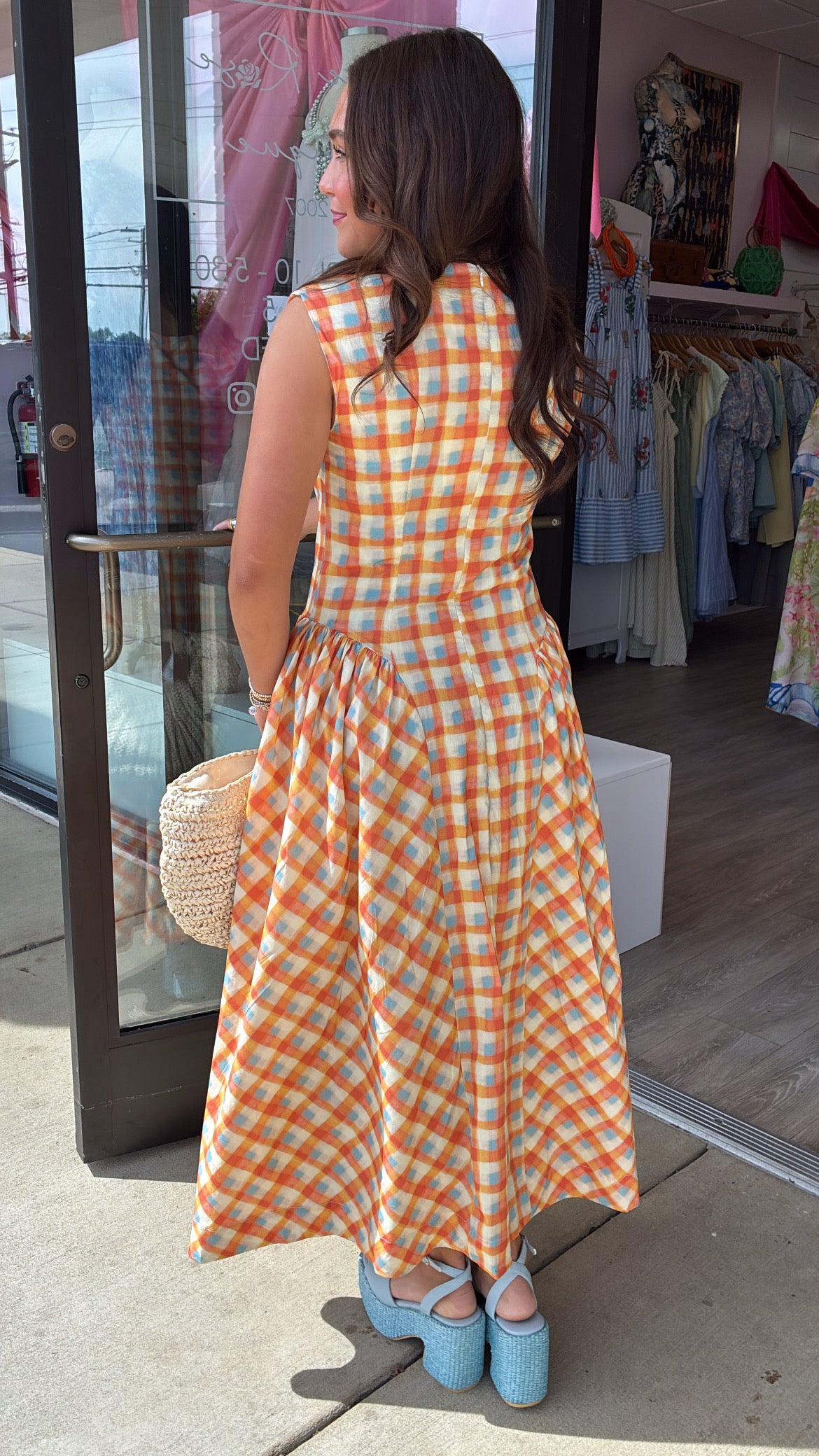 Plaid Basque Waist Midi Dress