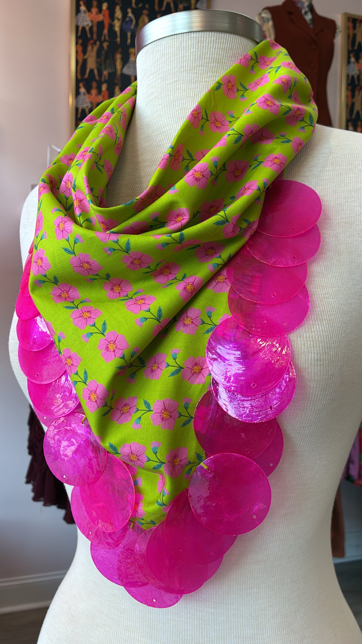 Green + Hot Pink Neck Scarf w/ Hot Pink Beads