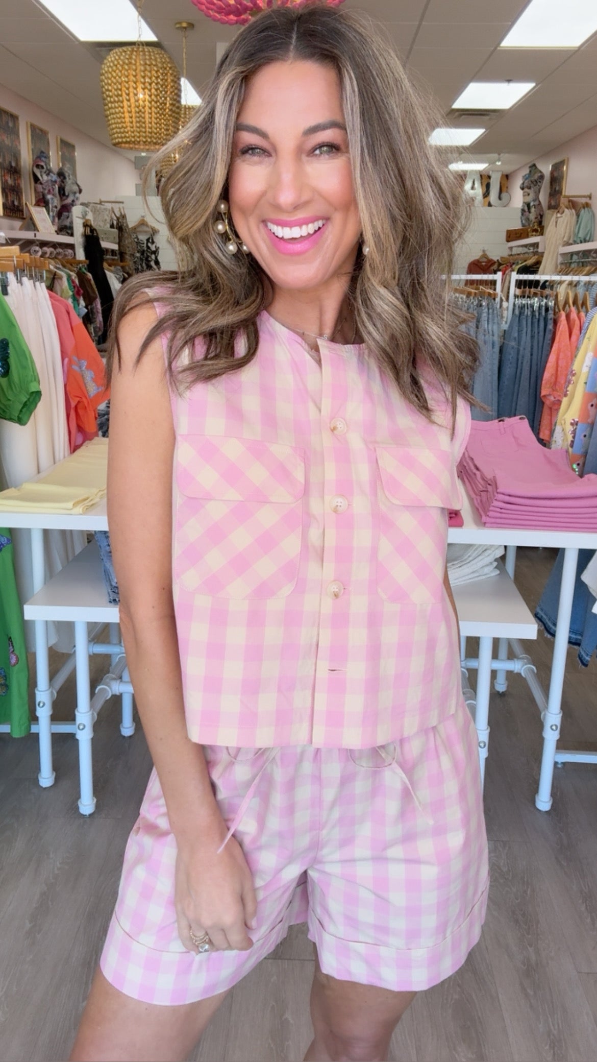 FRNCH Pink Check Vest Top + Short Set (1 XS)