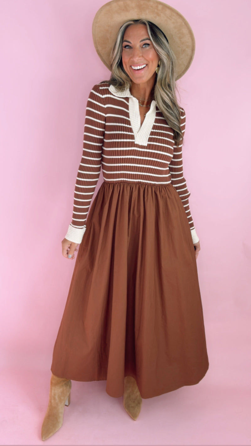Moon River Brown Striped 2fer Midi Dress
