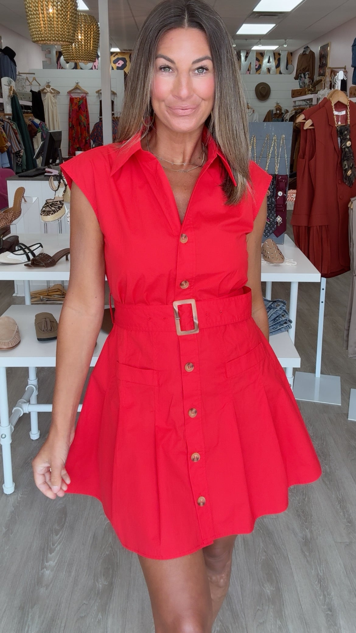 Karlie | Red Solid Poplin Shirt Dress w/ Belt