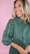 Green Eyelet Sleeve Detail Button Down Mini Dress