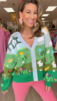 Queen of Sparkles Easter Bunny + Egg Yard Scene Cardigan
