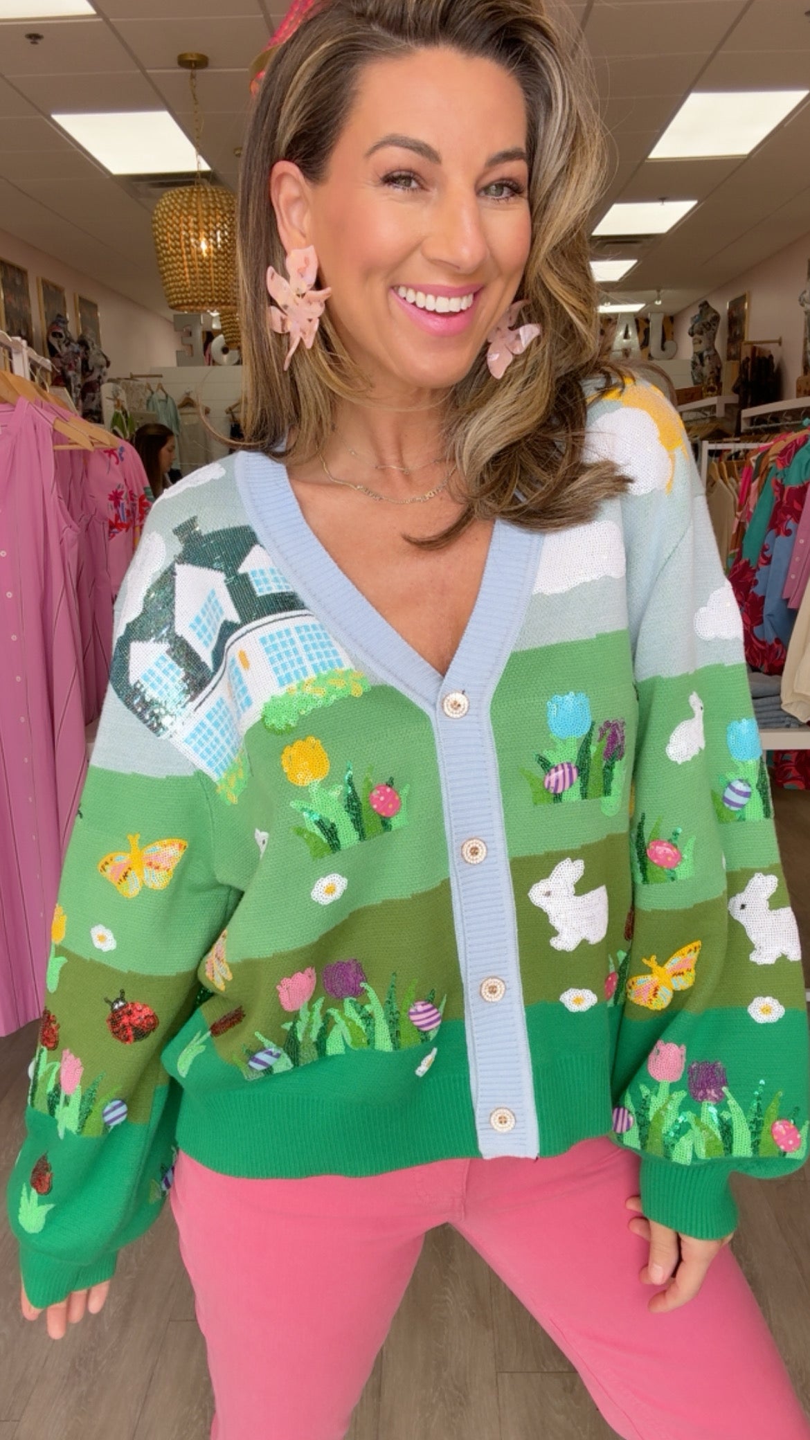 Queen of Sparkles Easter Bunny + Egg Yard Scene Cardigan