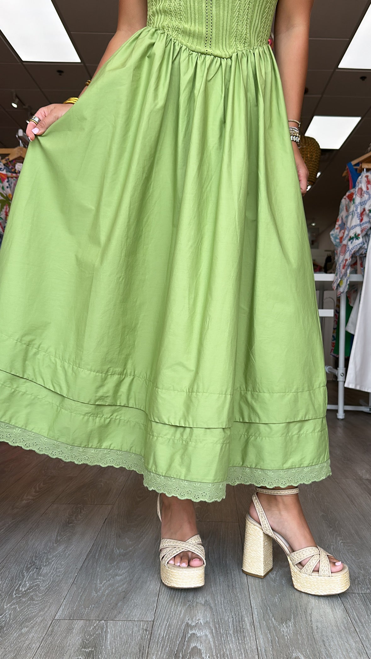 Moon River | Olive Pointelle Knit Sleeveless Midi Dress