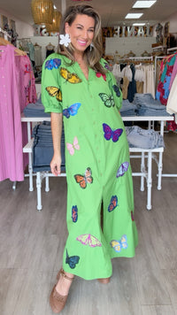 Queen of Sparkles Green Butterfly Button-Up Cotton Maxi