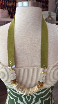 Suede Strap Necklace Bone Glass Beads Coconut Wood- Green