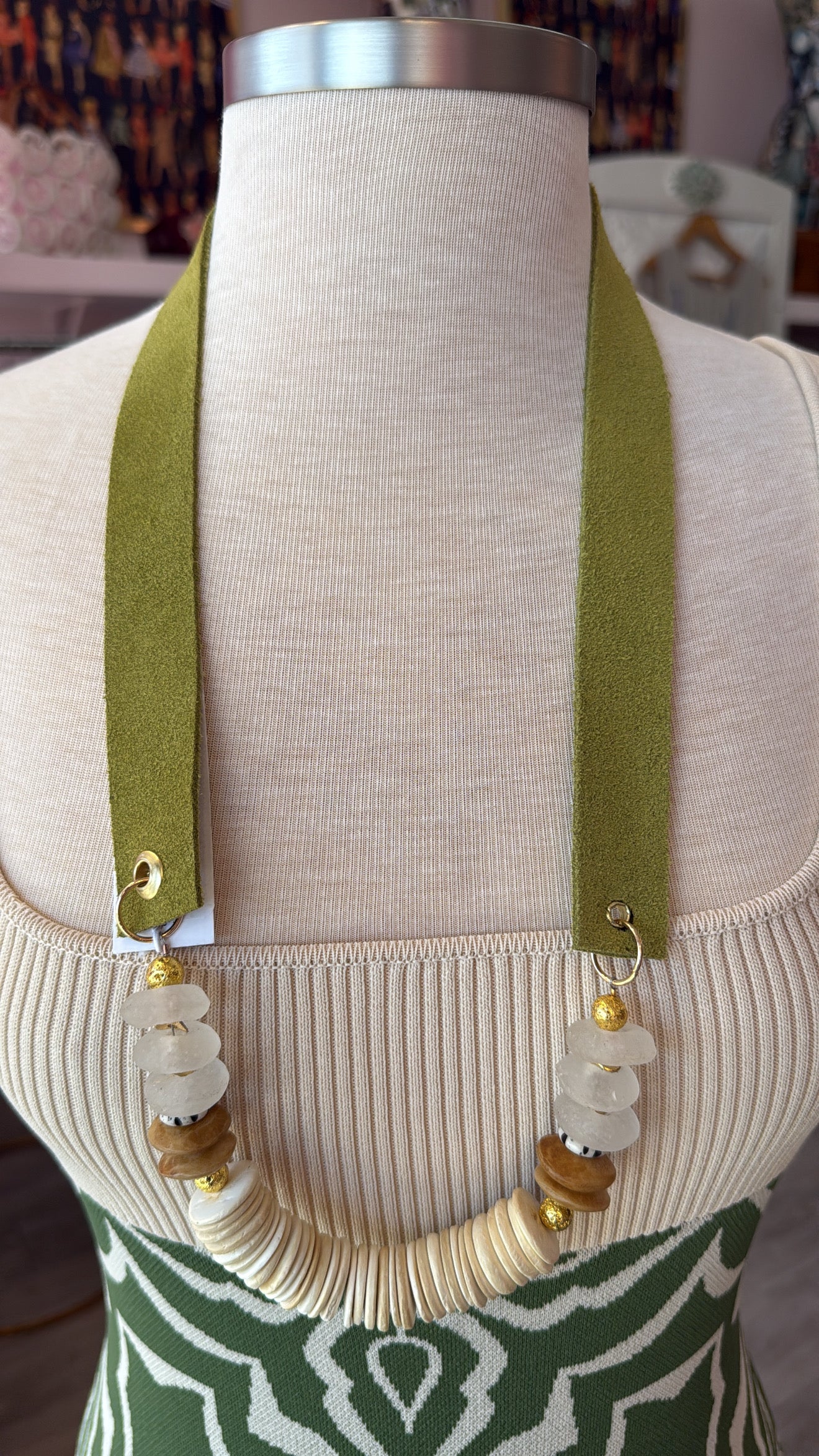 Suede Strap Necklace Bone Glass Beads Coconut Wood- Green