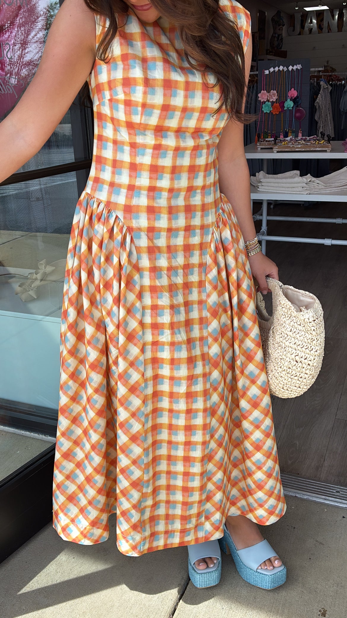 Plaid Basque Waist Midi Dress