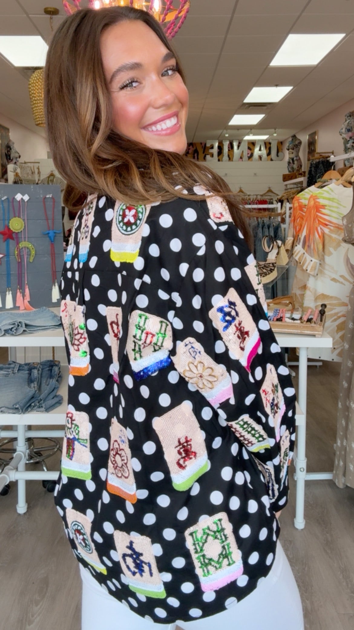 Queen of Sparkles Polka Dot Scattered Mahjong Button-Up