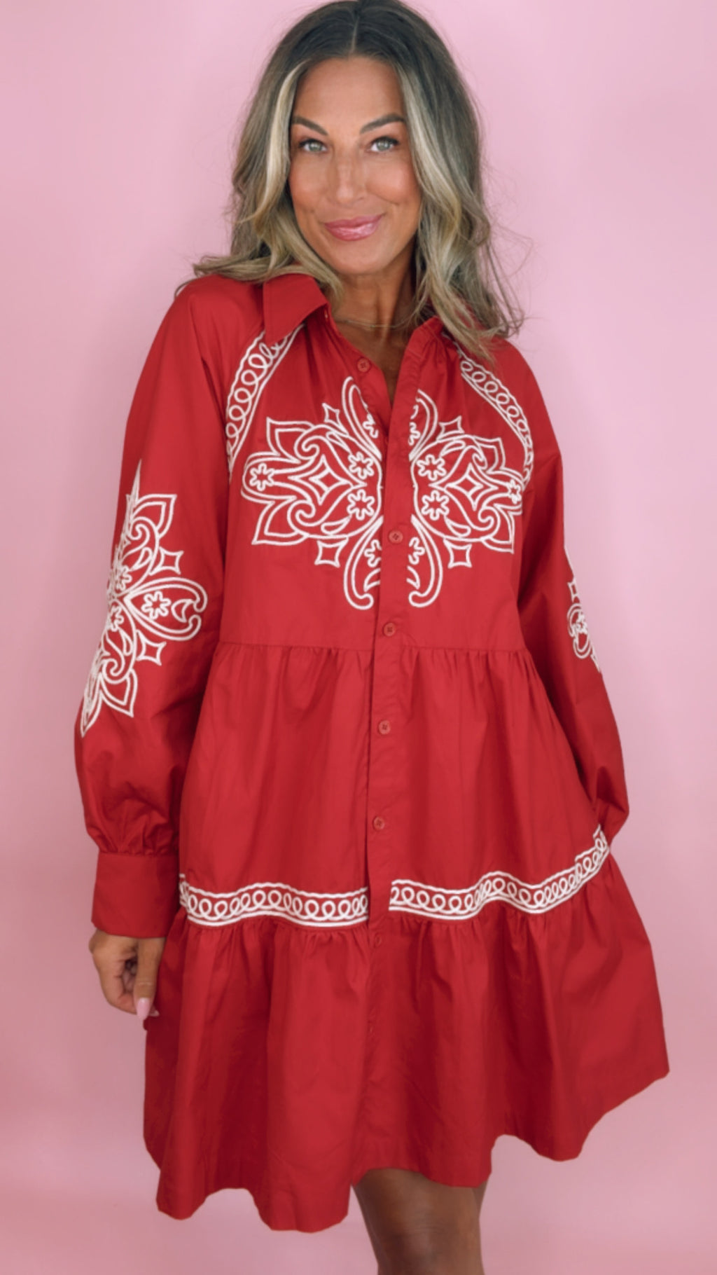 Embroidered RubyRed Mini Dress (1 MEDIUM)