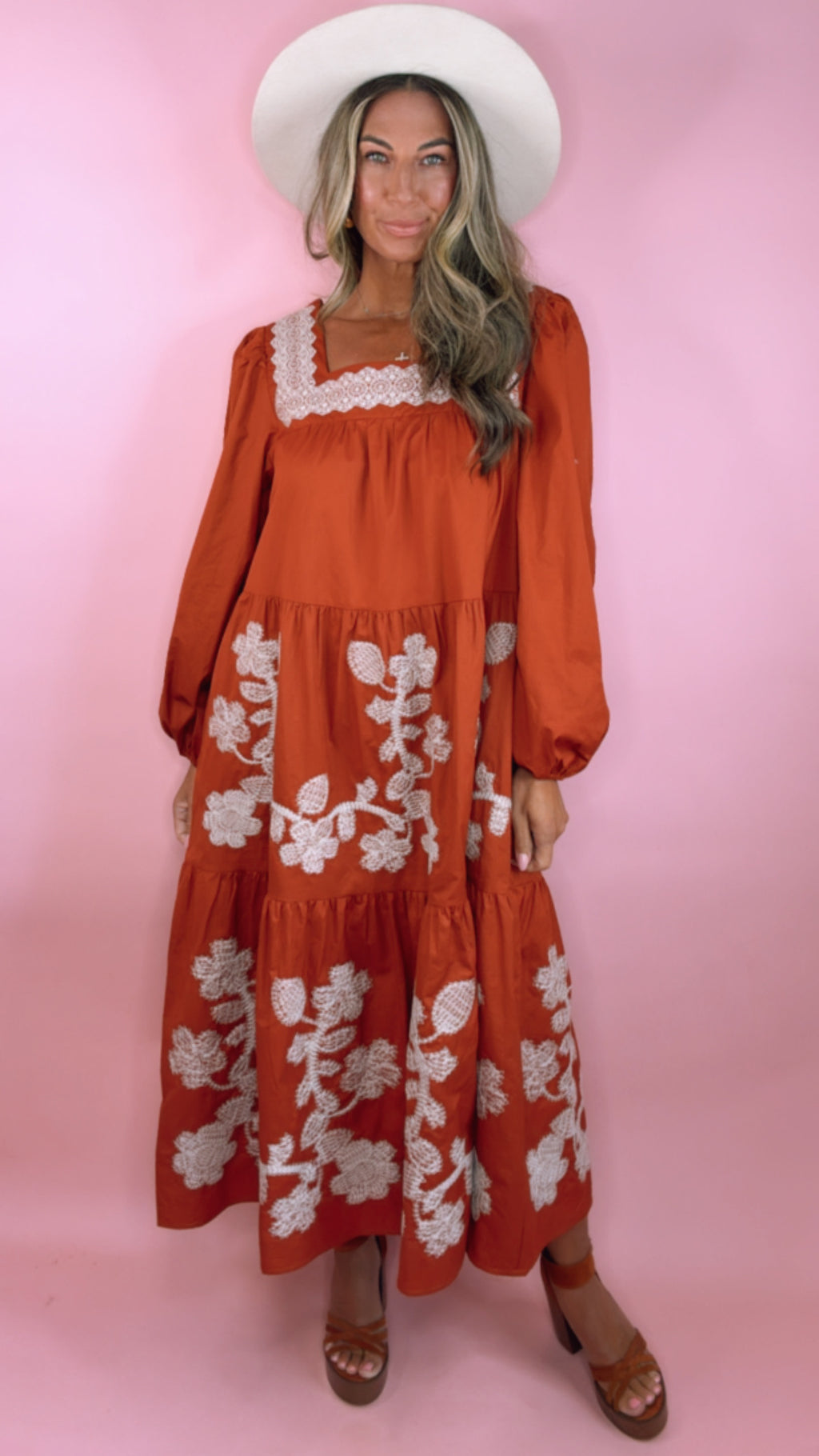 Terracotta Floral Embroidered Tiered Midi Dress