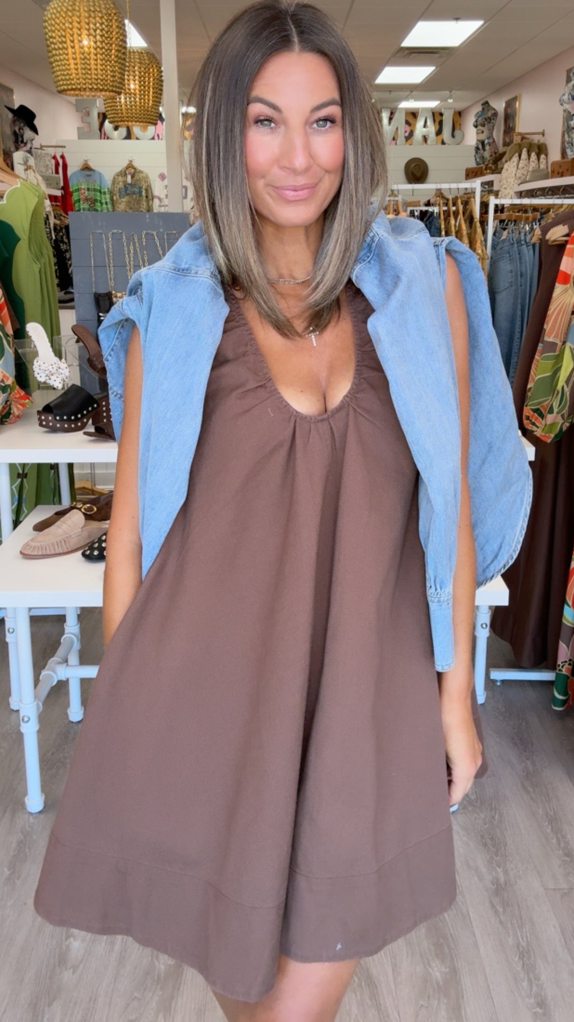 Karlie | Chocolate Denim Scoop Swing Dress (1 LARGE)