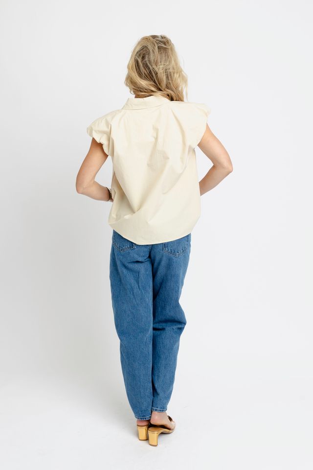 Karlie | Oatmeal Solid Poplin Bubble Sleeve Buttondown Top