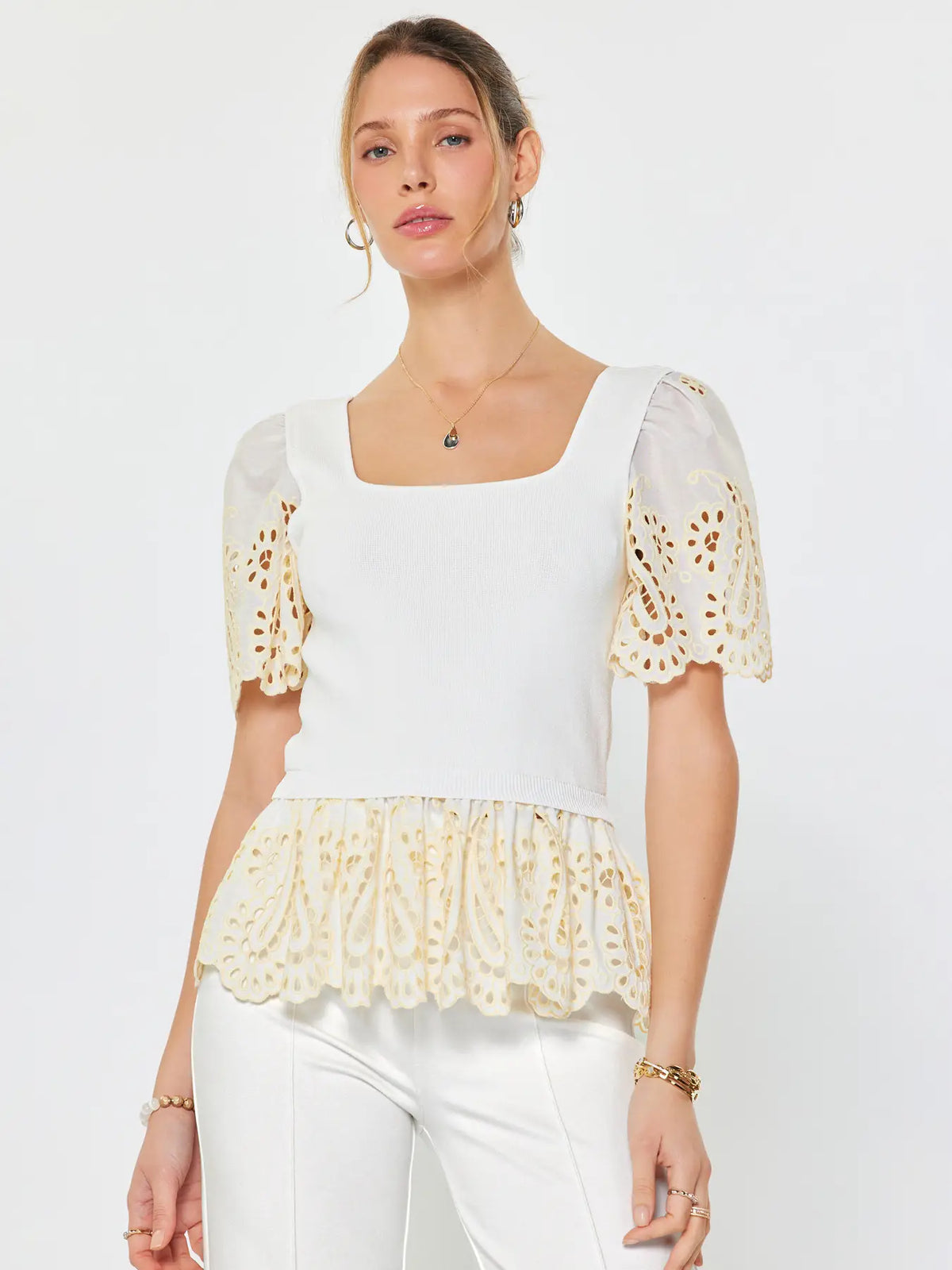 Current Air Eyelet Woven Combo Sweater Top