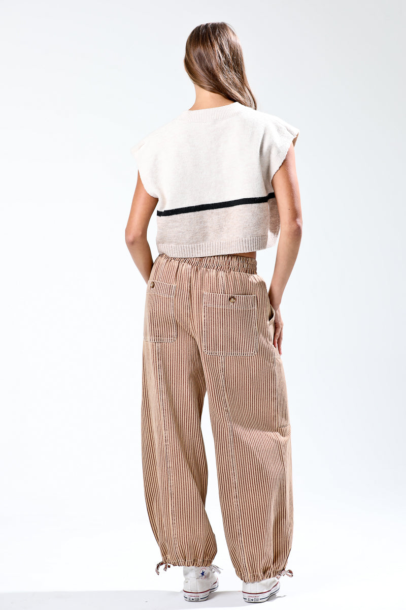 Mocha Elastic Waist Vintage Washed Stripe Pants (1 LARGE)