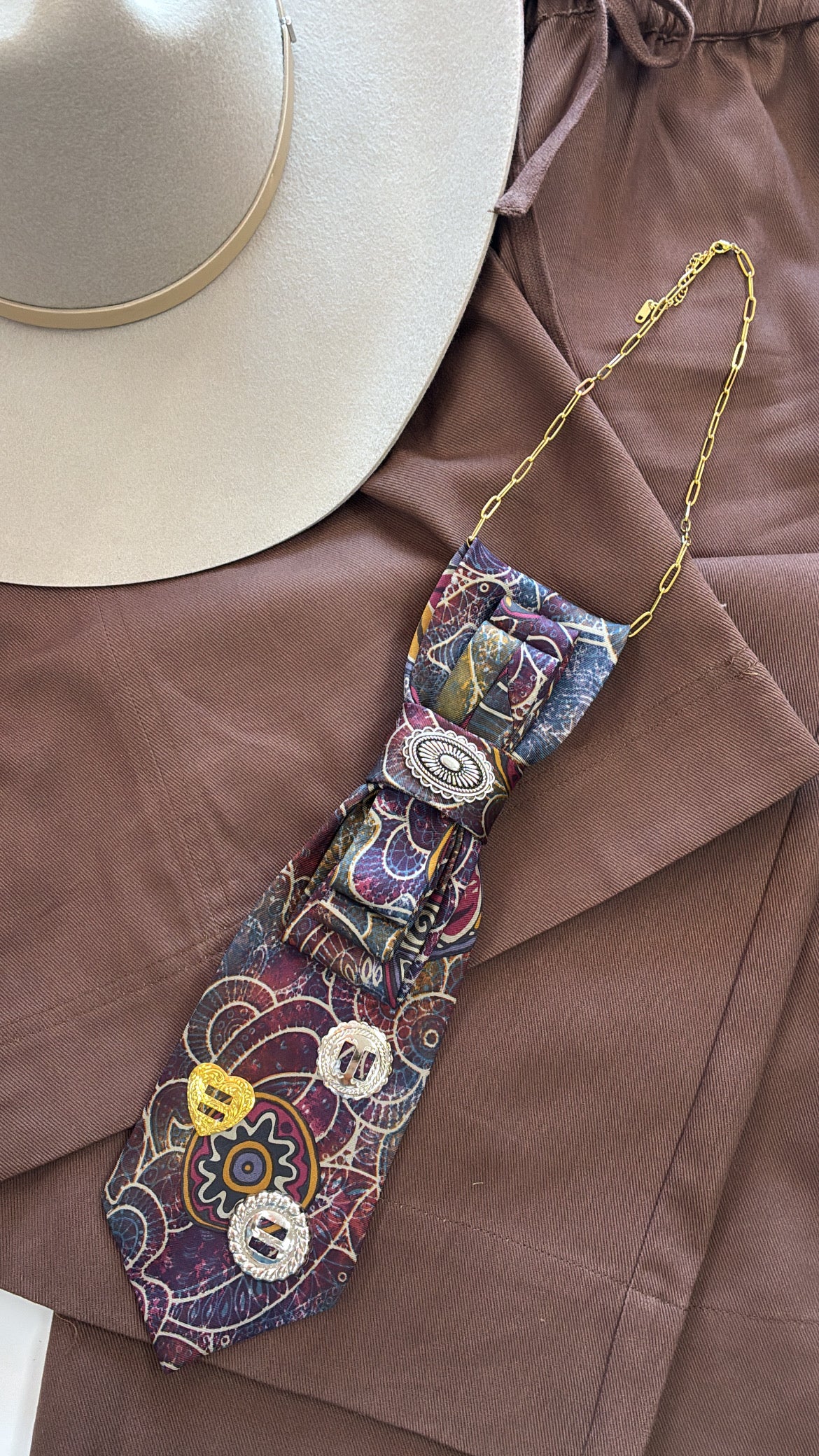 Tie-Necklace | Geo Pattern + Western Brooches