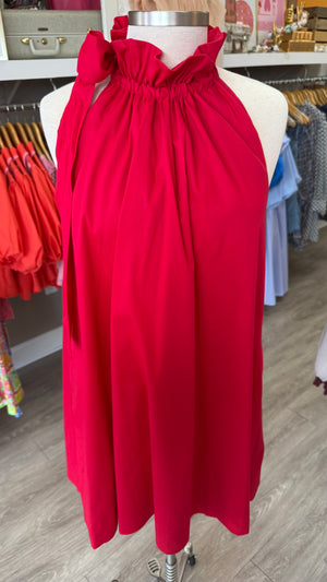Red Tie Neck Ruffle Sleeveless Dress