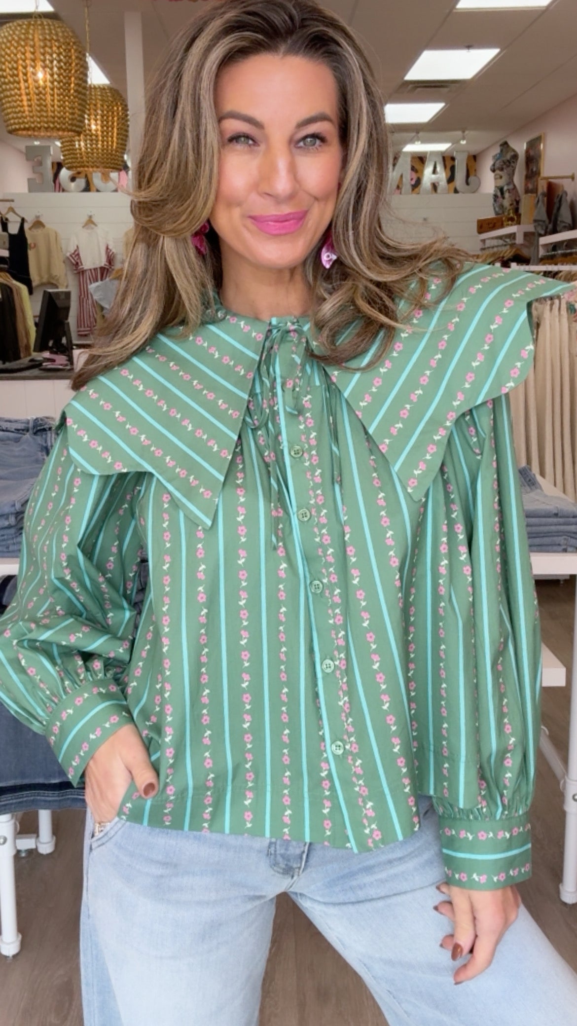 Karlie Floral Ditzy Stripe Peter Pan Collar Top