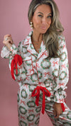 Satin Wreaths w/ Bows Red Velvet Trim Pajama Set