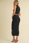 Black Button Down Sleeveless Cropped Top Midi Skirt Set