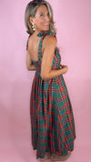 Green and Red Plaid Tie Shoulder Midi Dress