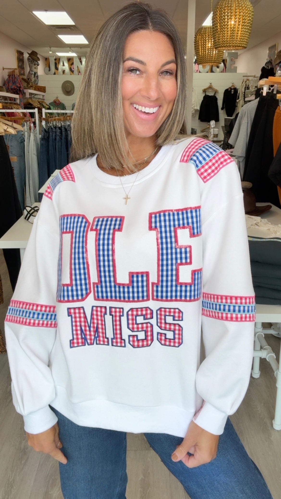 Queen of Sparkles | Ole Miss Gingham Letter Jersey Sweatshirt