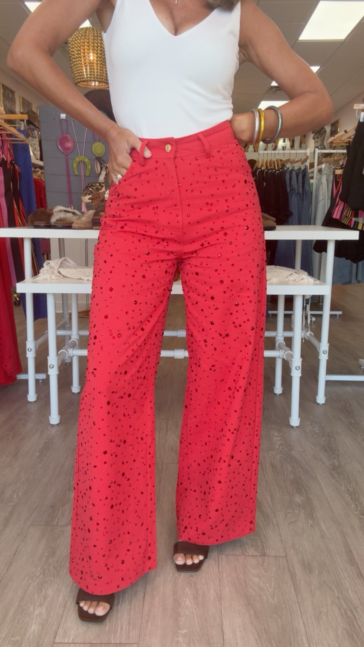 Queen of Sparkles Red Wide Leg Rhinestone Jean (Bottoms Only)